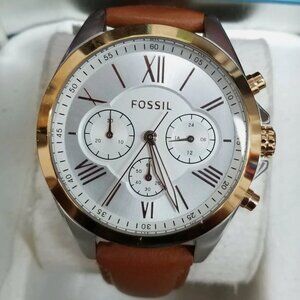 Fossil Gold Tone Watch Brown Leather Strap Whie Face Chrono Women's EUC BQ3033